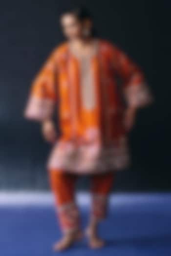 Orange Raw Silk Embroidered Kurta Set by BO TREE at Pernia's Pop Up Shop