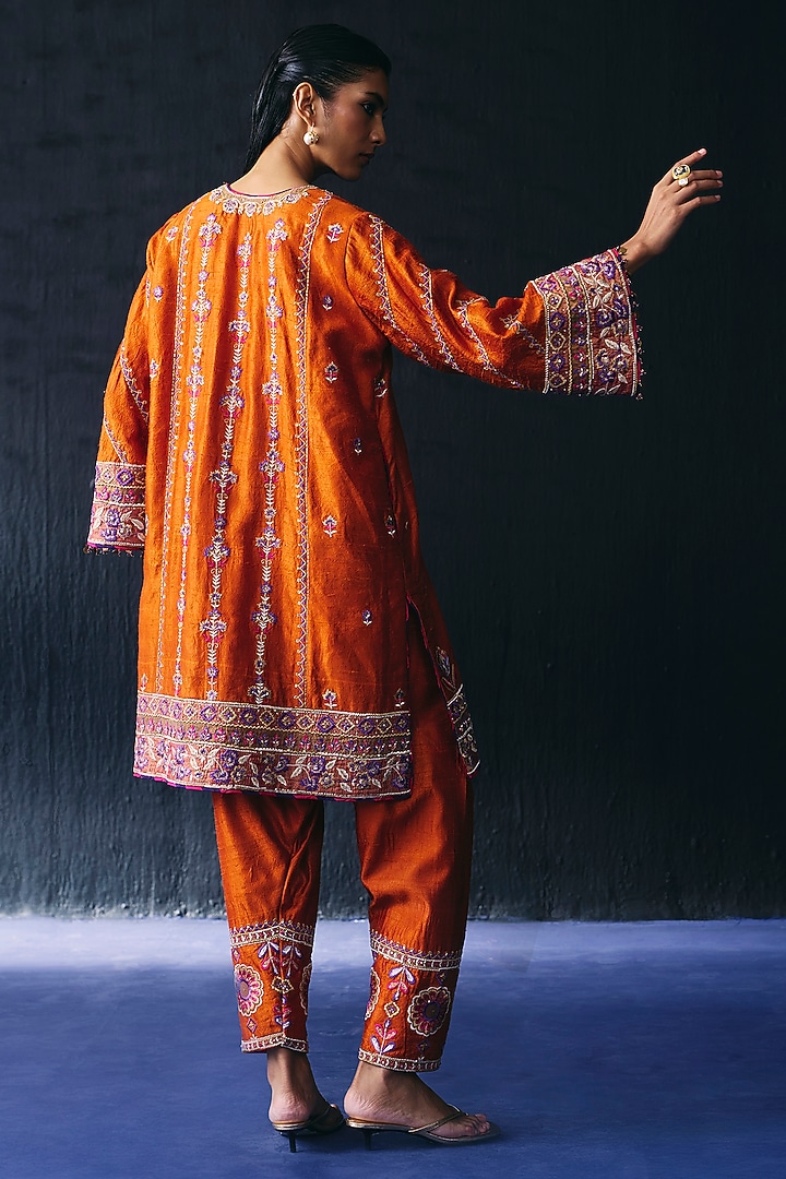 Orange Raw Silk Embroidered Kurta Set by BO TREE at Pernia's Pop Up Shop
