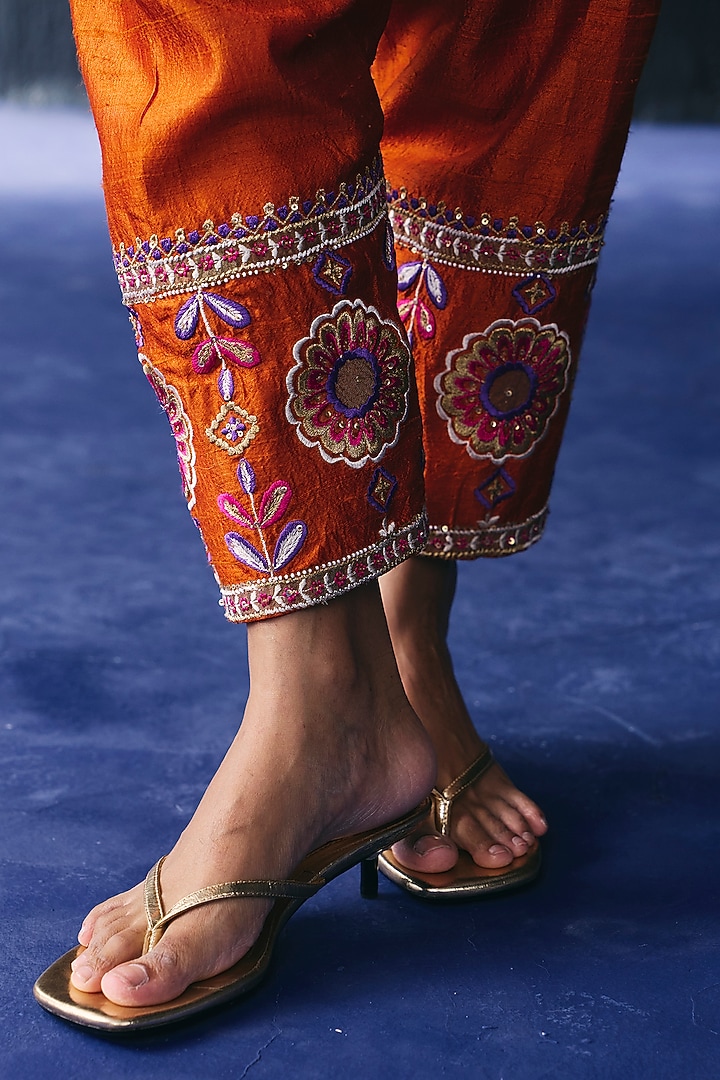 Orange Raw Silk Embroidered Kurta Set by BO TREE at Pernia's Pop Up Shop