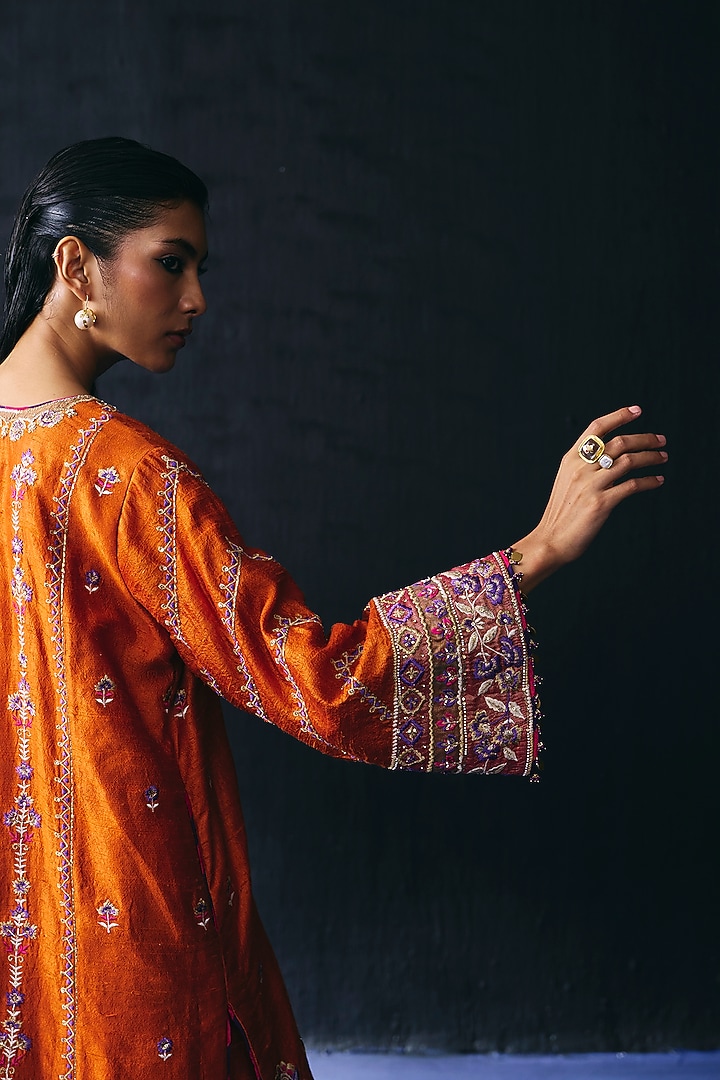 Orange Raw Silk Embroidered Kurta Set by BO TREE at Pernia's Pop Up Shop