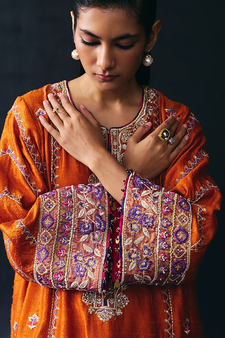 Orange Raw Silk Embroidered Kurta Set by BO TREE at Pernia's Pop Up Shop