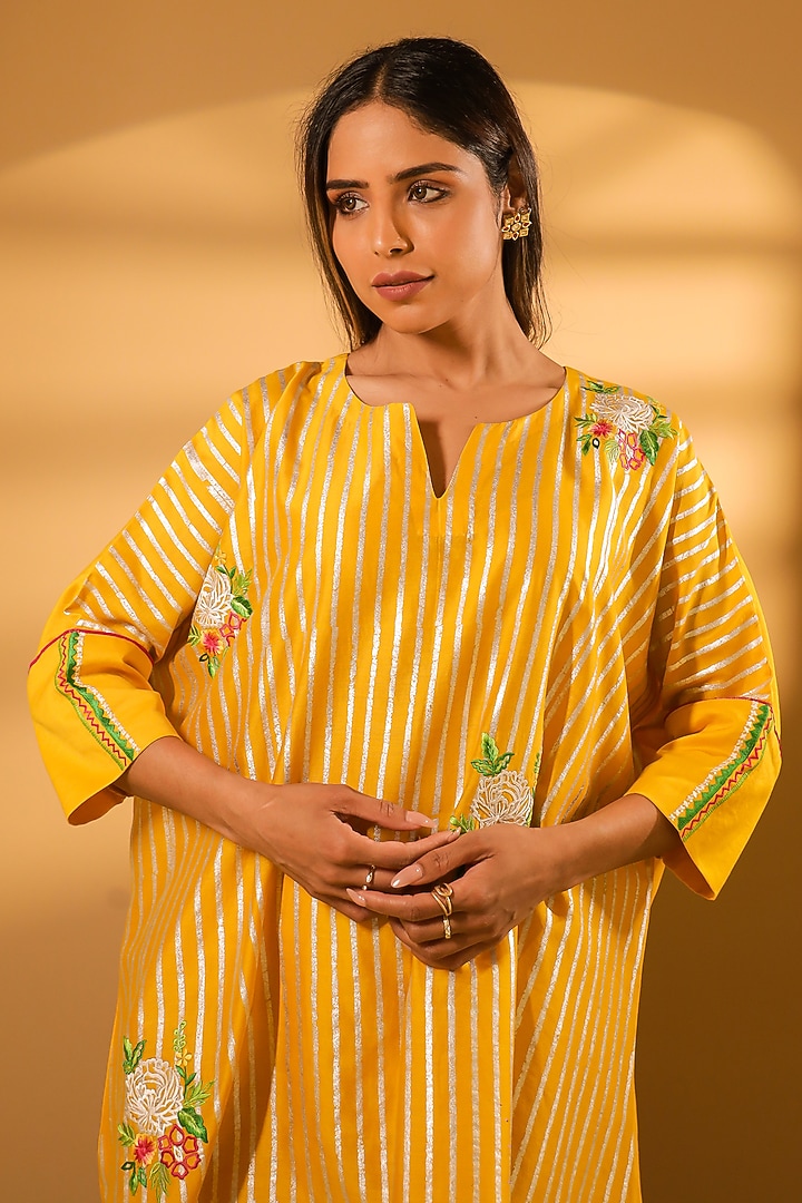 Yellow Chanderi Thread Embroidered Kaftan Set by BO TREE at Pernia's Pop Up Shop