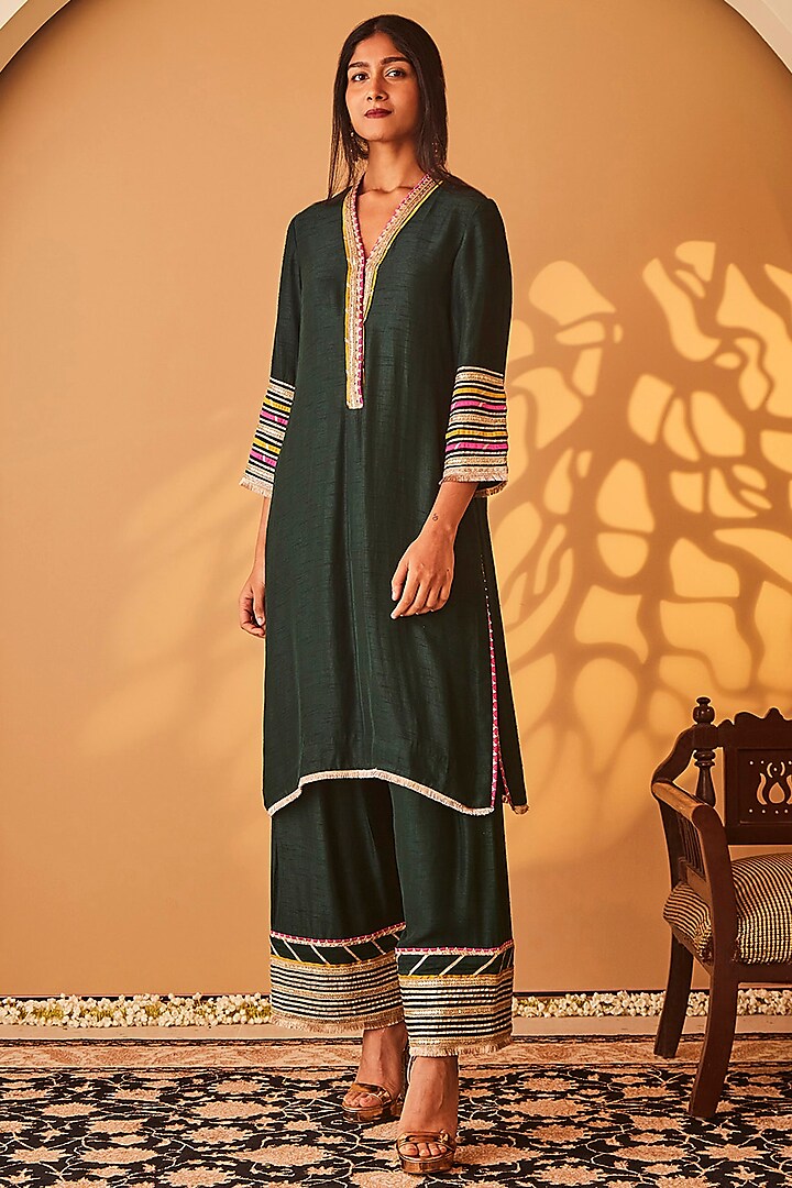 Green Satin Raw Silk Lace Embroidered Kurta Set by BO TREE at Pernia's Pop Up Shop