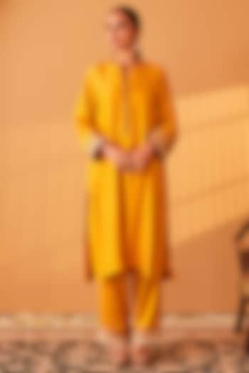 Yellow Satin Raw Silk Lace Embroidered Kurta Set by BO TREE at Pernia's Pop Up Shop