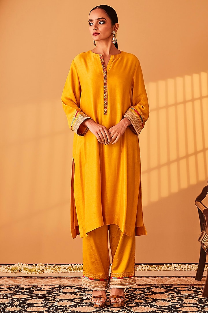 Yellow Satin Raw Silk Lace Embroidered Kurta Set by BO TREE at Pernia's Pop Up Shop