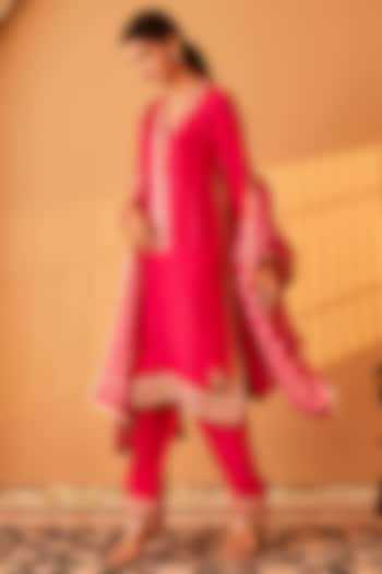 Magenta Pink Satin Raw Silk Zardosi Embroidered Kurta Set by BO TREE at Pernia's Pop Up Shop