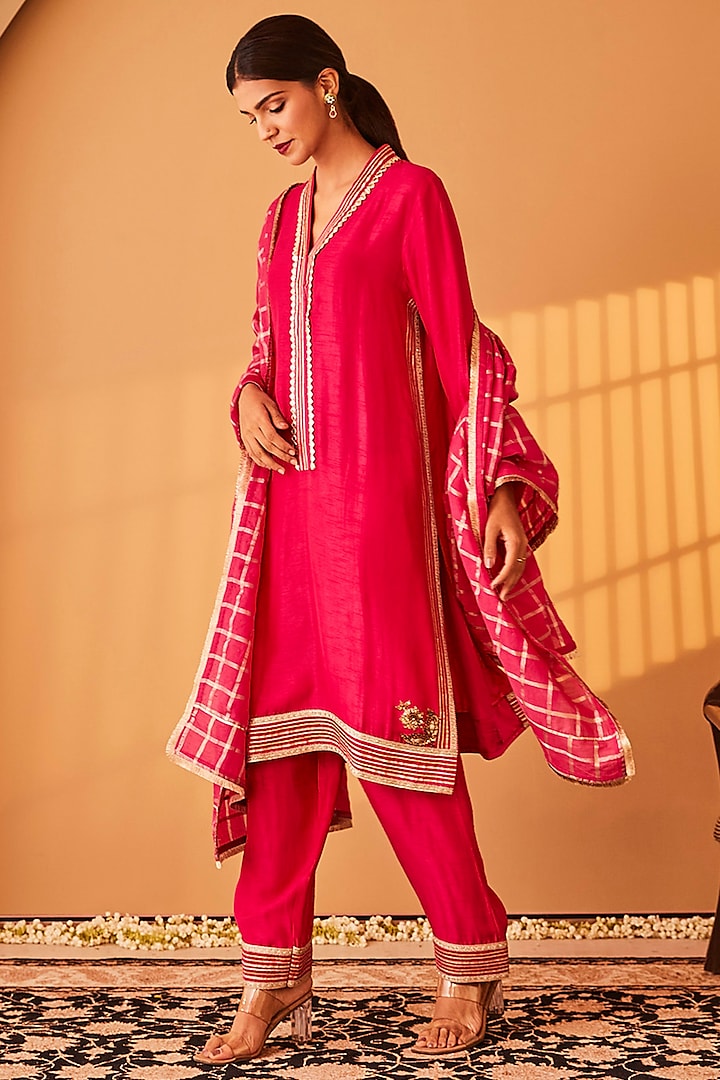 Magenta Pink Satin Raw Silk Zardosi Embroidered Kurta Set by BO TREE at Pernia's Pop Up Shop