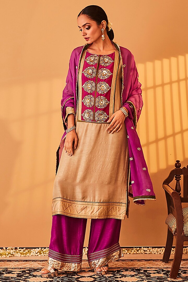 Beige Satin Raw Silk Zardosi Embroidered Kurta Set by BO TREE at Pernia's Pop Up Shop