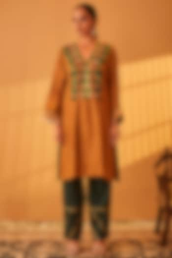 Mustard Brown Satin Raw Silk Zardosi Embroidered Kurta Set by BO TREE at Pernia's Pop Up Shop