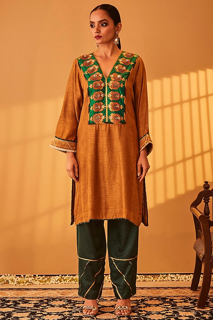 Mustard Brown Satin Raw Silk Zardosi Embroidered Kurta Set by BO TREE at Pernia's Pop Up Shop