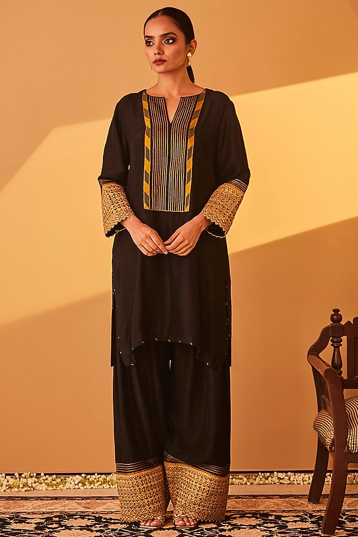 Black Satin Raw Silk Striped Kurta Set by BO TREE at Pernia's Pop Up Shop