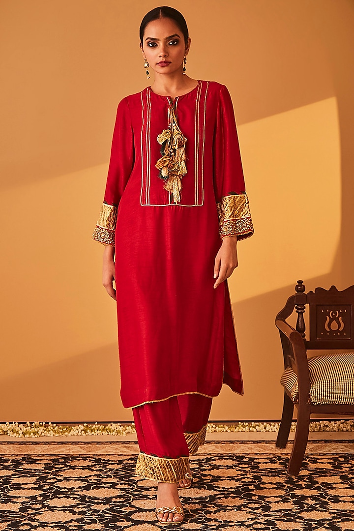 Red Satin Raw Silk Zari Embroidered Kurta Set by BO TREE at Pernia's Pop Up Shop