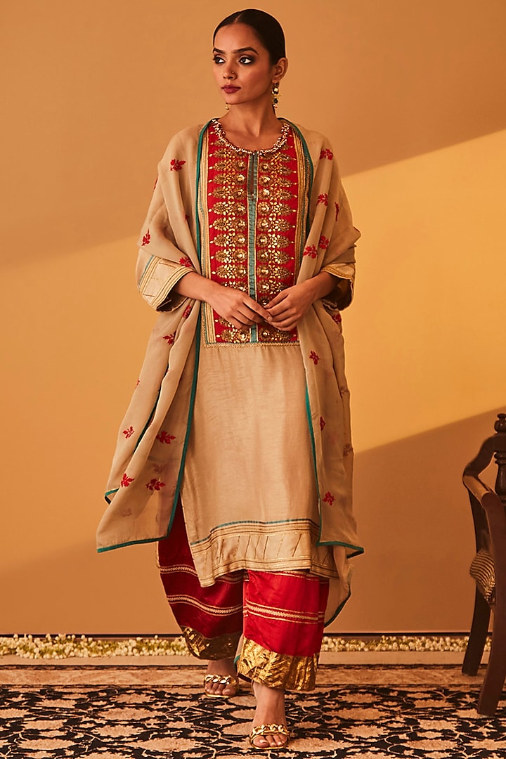 Beige Satin Raw Silk Zardosi Embroidered Kurta Set by BO TREE at Pernia's Pop Up Shop