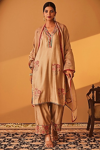Beige Chanderi Embroidered Kurta Set by BO TREE