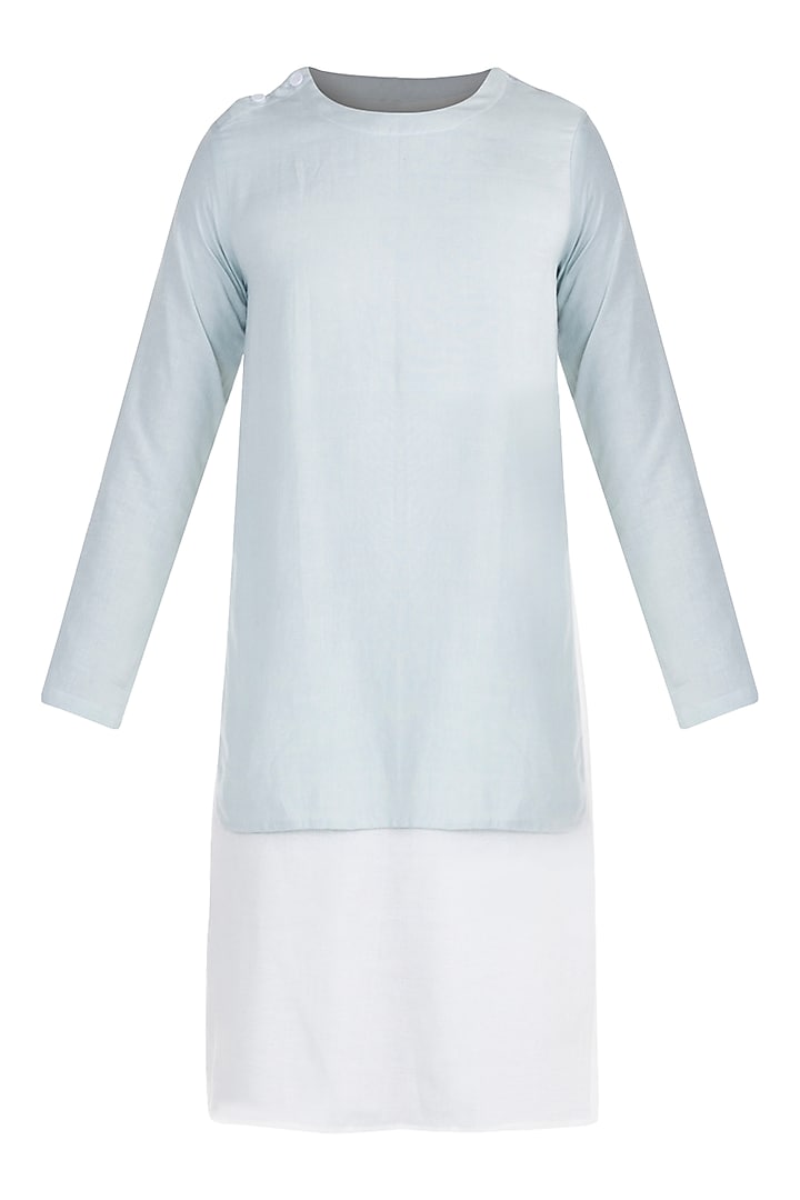 Blue & White Kurta With Shoulder Buttons by Bohame Men