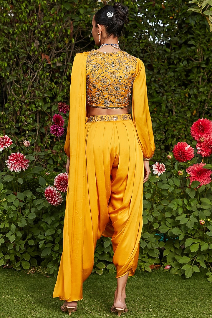 Mustard Satin Chiffon Pre-Draped Concept Wedding Saree Set by Bohame at Pernia's Pop Up Shop