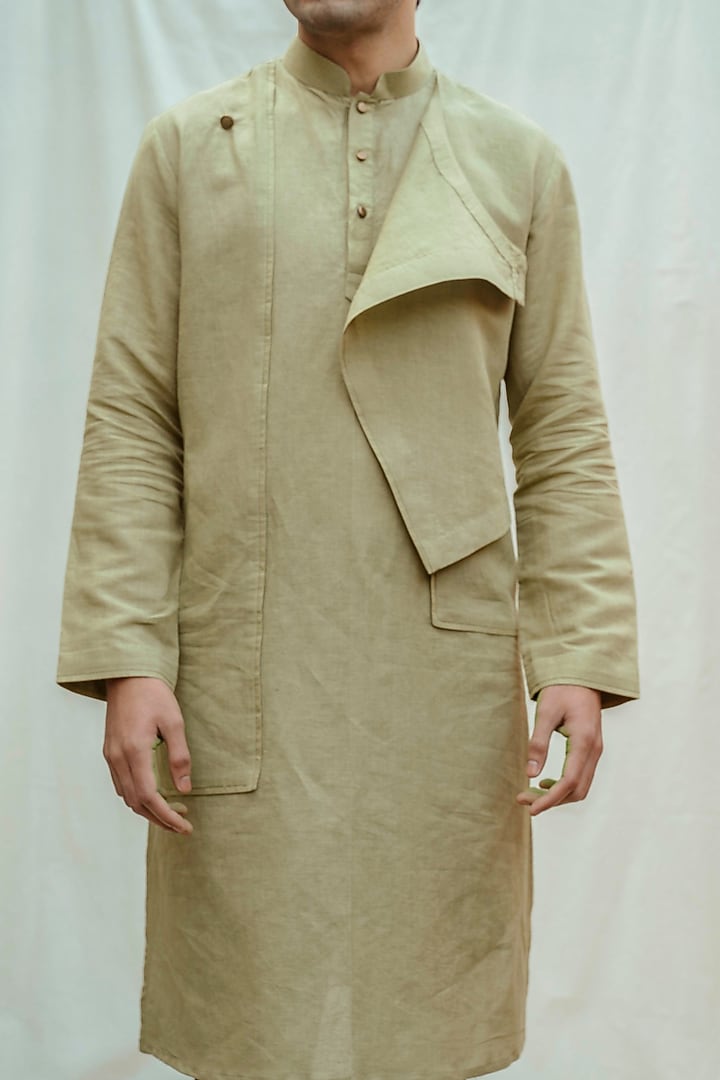 Green Cotton Linen Kurta Set by Bohame Men at Pernia's Pop Up Shop