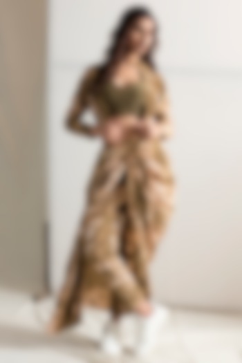 Beige & Green Tie-Dye Concept Party Wear Saree Set by Bohame at Pernia's Pop Up Shop