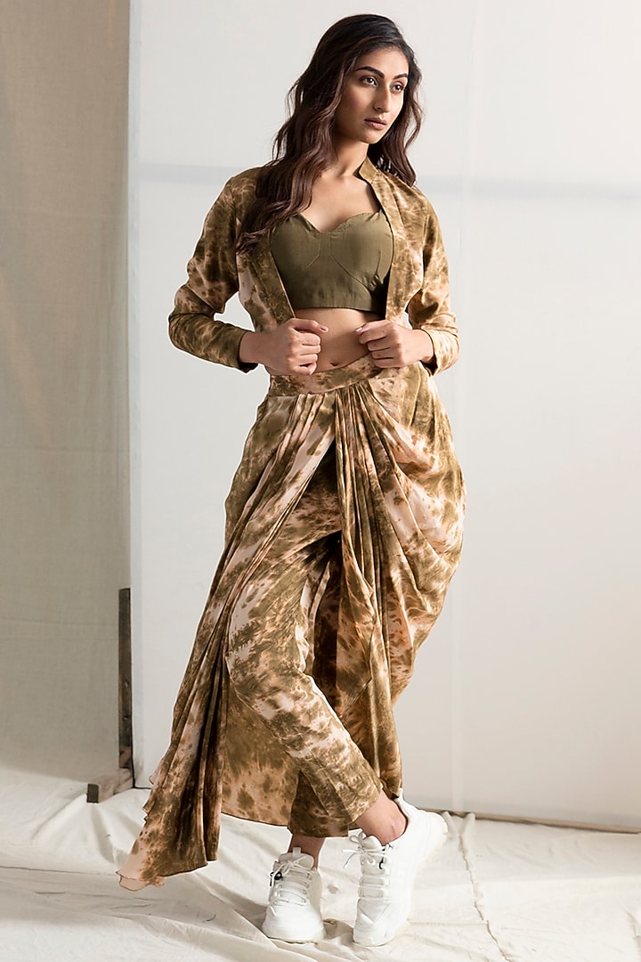Beige & Green Tie-Dye Concept Party Wear Saree Set by Bohame at Pernia's Pop Up Shop