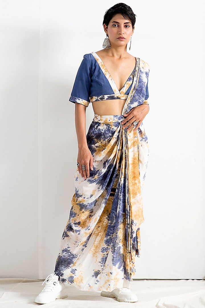 Cream & Blue Tie-Dye Concept Saree Set by Bohame