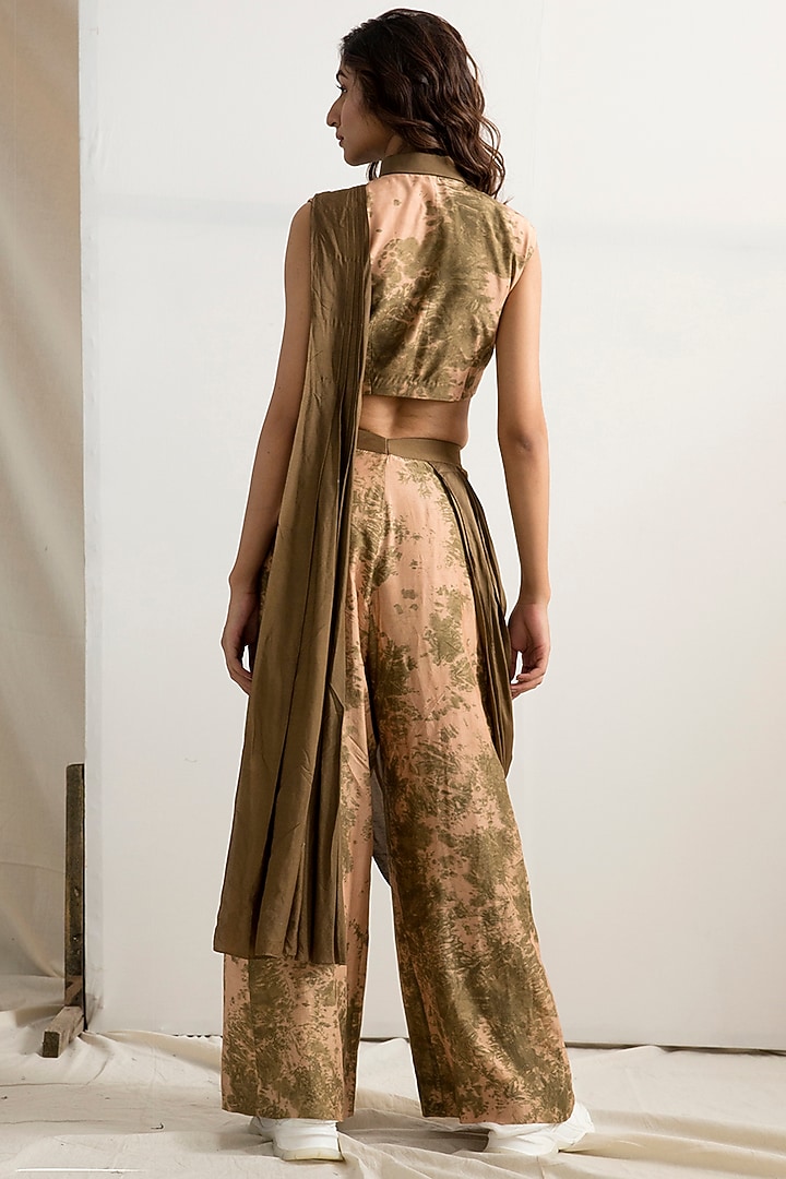 Beige & Green Tie-Dye Concept Party Wear Saree Set by Bohame at Pernia's Pop Up Shop
