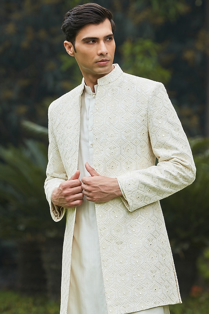 Off-White Chikankari Wedding Indowestern Set by Bohame Men at Pernia's Pop Up Shop