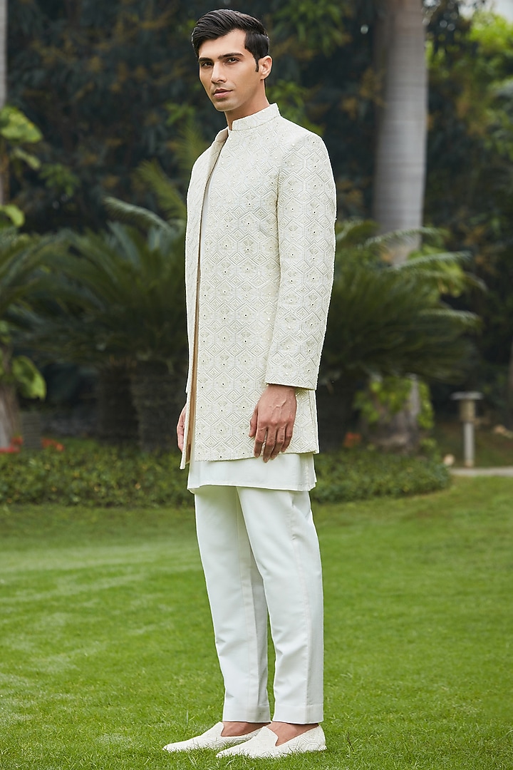 Off-White Chikankari Wedding Indowestern Set by Bohame Men at Pernia's Pop Up Shop