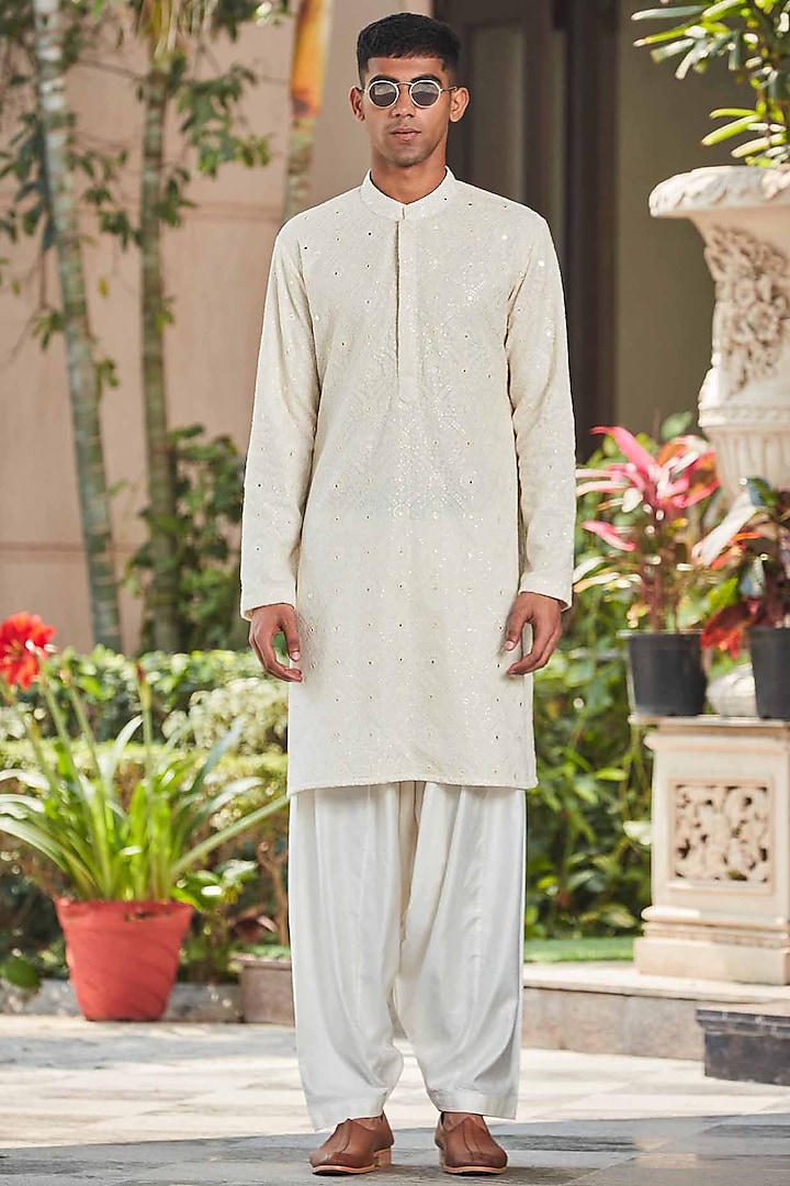 Off-White Georgette Chikankari Work Kurta Set by Bohame Men