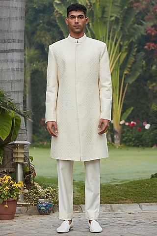 Cream Off-White Georgette Chikankari Achkan Jacket Set by Bohame Men