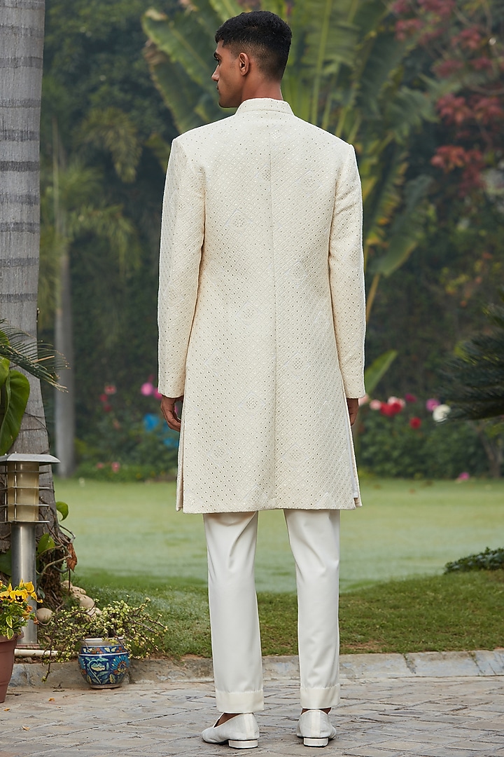 Cream Off-White Georgette Chikankari Achkan Jacket Set by Bohame Men at Pernia's Pop Up Shop