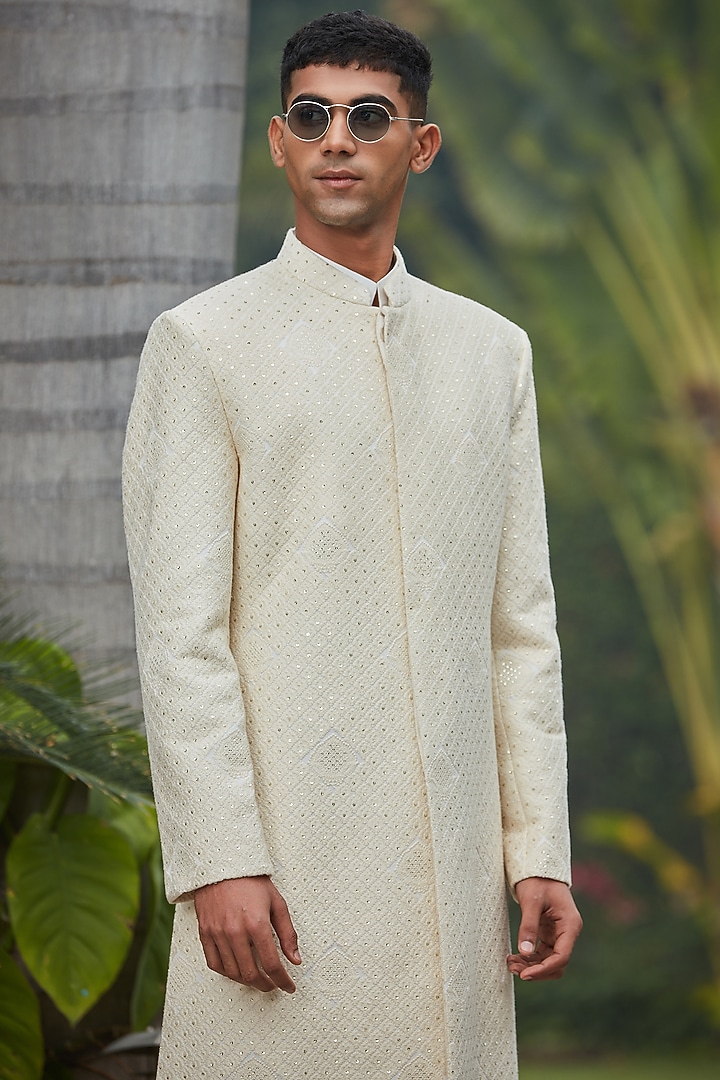 Cream Off-White Georgette Chikankari Achkan Jacket Set by Bohame Men at Pernia's Pop Up Shop