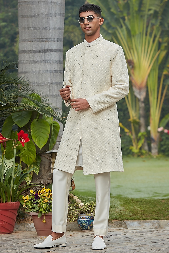 Cream Off-White Georgette Chikankari Achkan Jacket Set by Bohame Men at Pernia's Pop Up Shop
