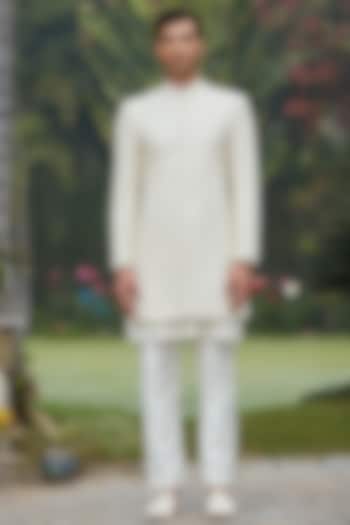 Off-White Georgette Chikankari Achkan Jacket Set by Bohame Men