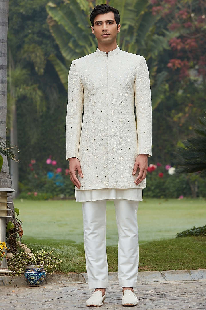 Off-White Georgette Chikankari Achkan Jacket Set by Bohame Men