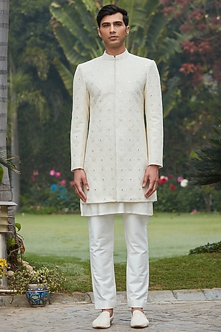 Off-White Georgette Chikankari Achkan Jacket Set by Bohame Men