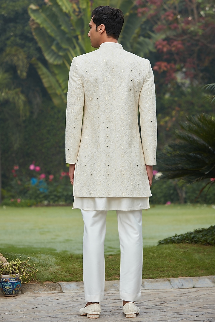 Off-White Georgette Chikankari Achkan Jacket Set by Bohame Men at Pernia's Pop Up Shop