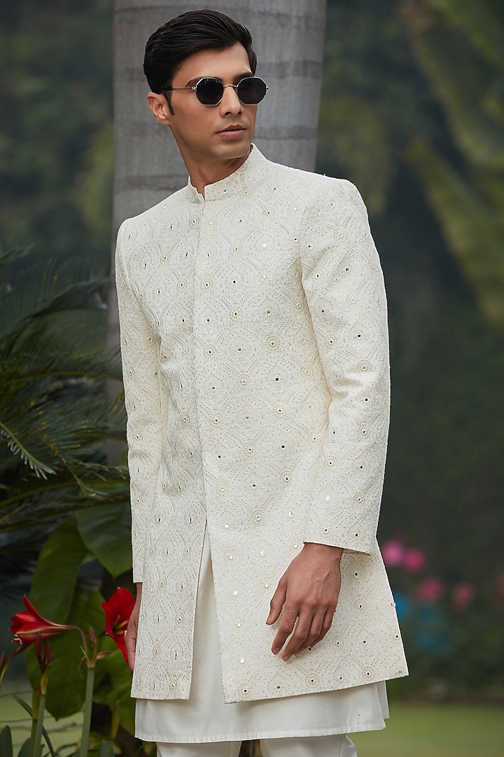 Off-White Georgette Chikankari Achkan Jacket Set by Bohame Men at Pernia's Pop Up Shop