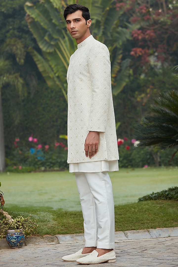 Off-White Georgette Chikankari Achkan Jacket Set by Bohame Men at Pernia's Pop Up Shop