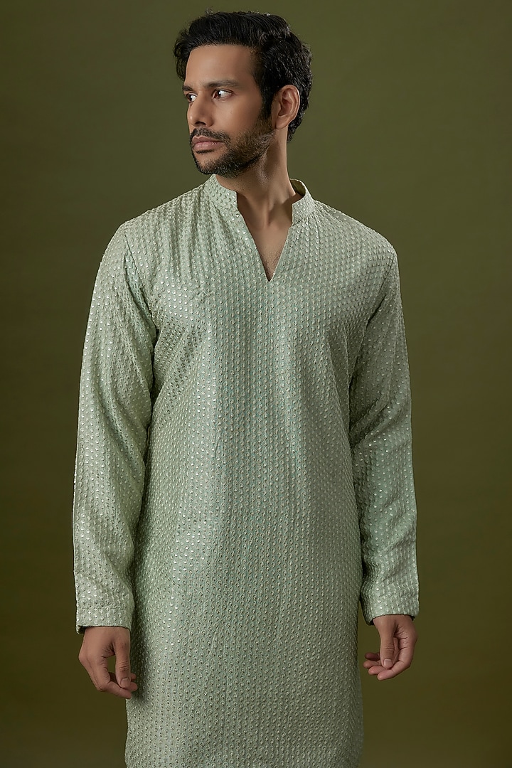 Pastel Green Chikankari Embroidered Kurta Set by Bohame Men at Pernia's Pop Up Shop