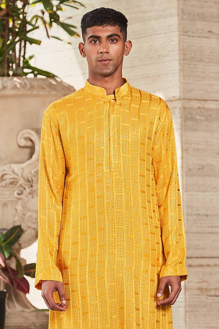 Mustard Georgette Embroidered Kurta Set by Bohame Men at Pernia's Pop Up Shop