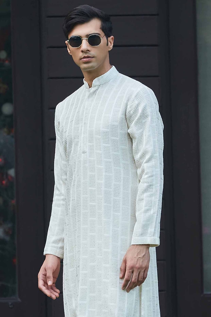 Off-White Georgette Hand & Machine Embroidered Kurta Set by Bohame Men at Pernia's Pop Up Shop