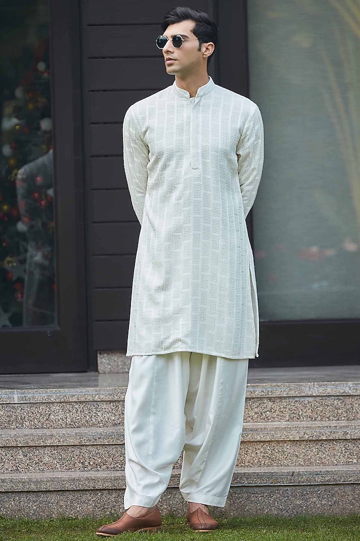 Off-White Georgette Hand & Machine Embroidered Kurta Set by Bohame Men at Pernia's Pop Up Shop