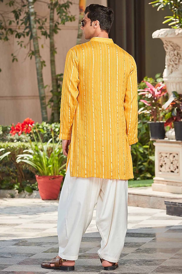 Mustard Georgette Stripe Embroidered Kurta Set by Bohame Men at Pernia's Pop Up Shop