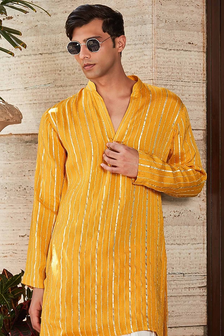 Mustard Georgette Stripe Embroidered Kurta Set by Bohame Men at Pernia's Pop Up Shop