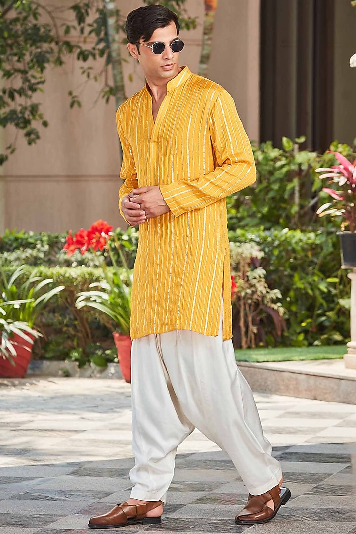 Mustard Georgette Stripe Embroidered Kurta Set by Bohame Men at Pernia's Pop Up Shop