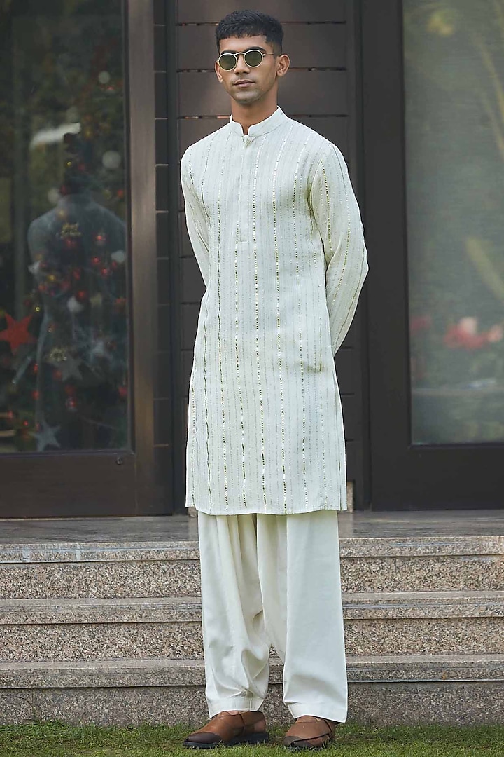 Off-White Georgette Stripe Embroidered kurta Set by Bohame Men