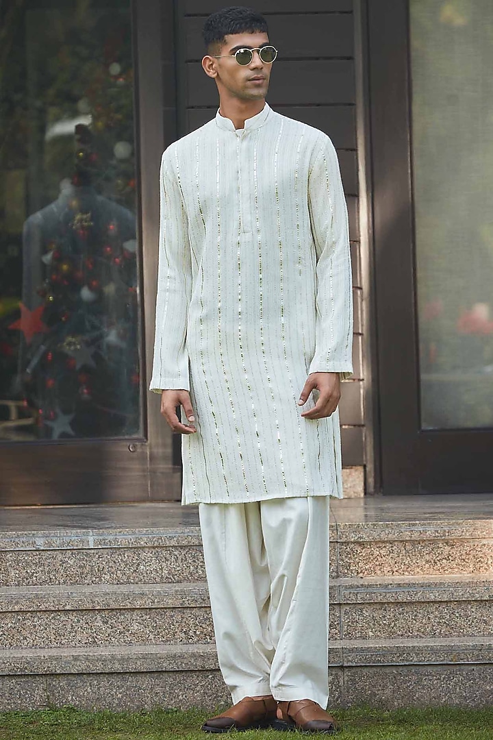 Off-White Georgette Stripe Embroidered kurta Set by Bohame Men at Pernia's Pop Up Shop