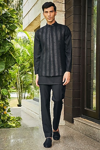 Black Georgette Chikankari Embroidered Nehru Jacket Set by Bohame Men