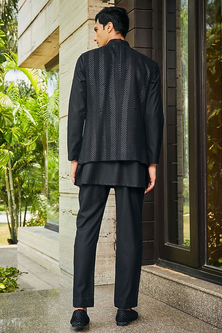 Black Georgette Chikankari Embroidered Nehru Jacket Set by Bohame Men at Pernia's Pop Up Shop