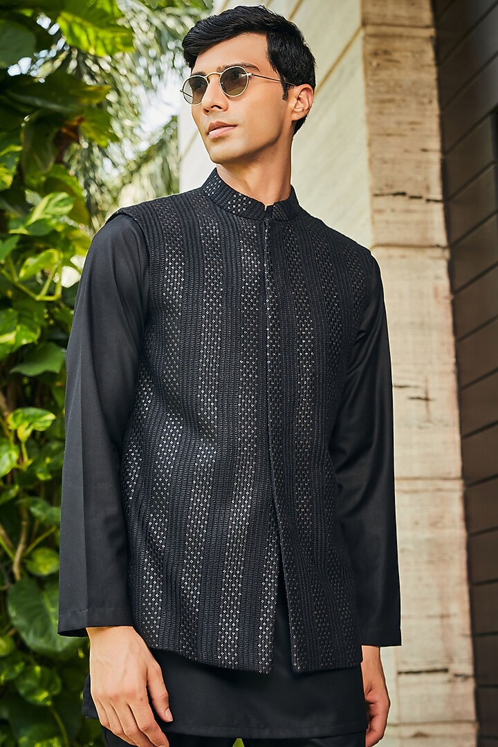 Black Georgette Chikankari Embroidered Nehru Jacket Set by Bohame Men at Pernia's Pop Up Shop